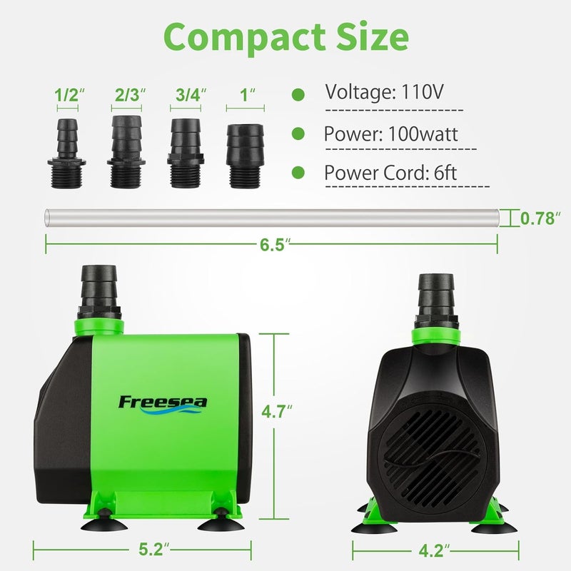 FREESEA Pond Submersible Water Pump: 1050GPH 100W Adjustable Ultra Quiet Fountain Pump with 6.5ft Tubing for Aquarium Fish Tank | Outdoor | Small Pond | Waterfall | Hydroponics - Image 5